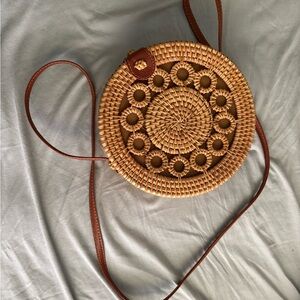 Brown Woven Rattan Crossbody Bag